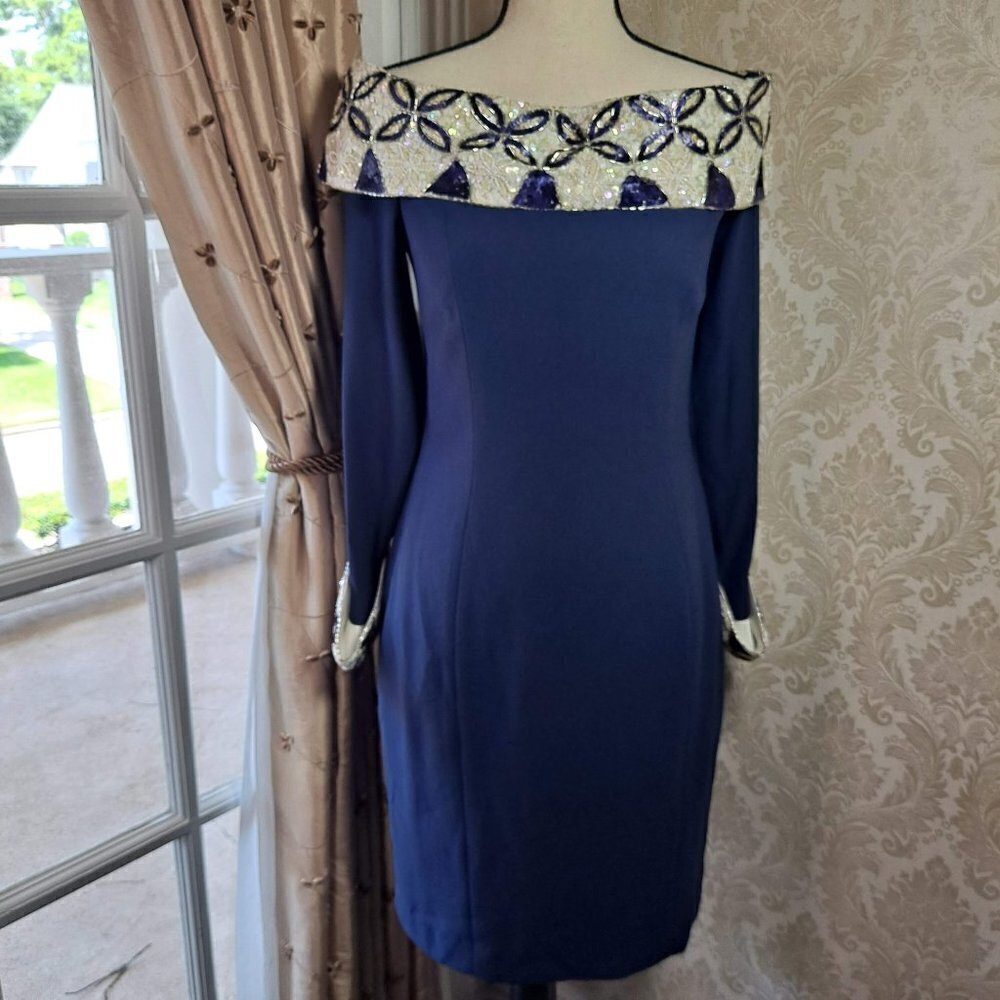 A J Bari Size 8 Navy Blue Dress w/White and Blue Sequin Detail Vintage EUC